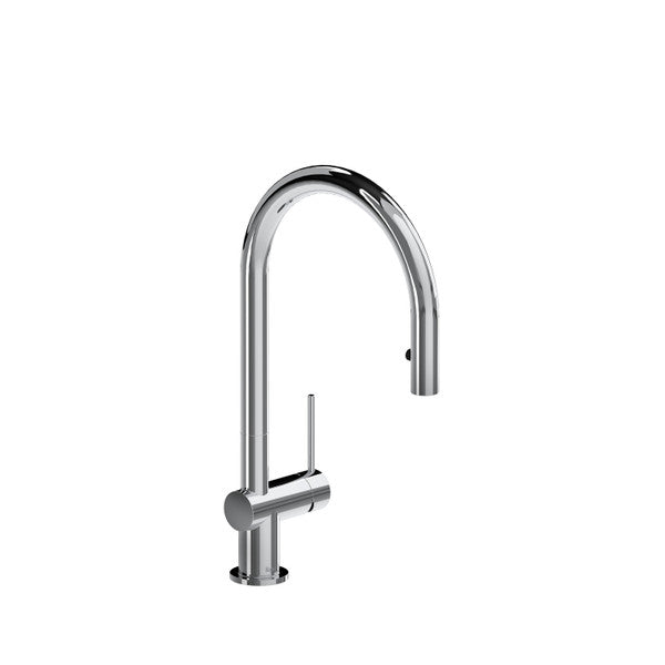 Modern chrome kitchen faucet with a high arc spout