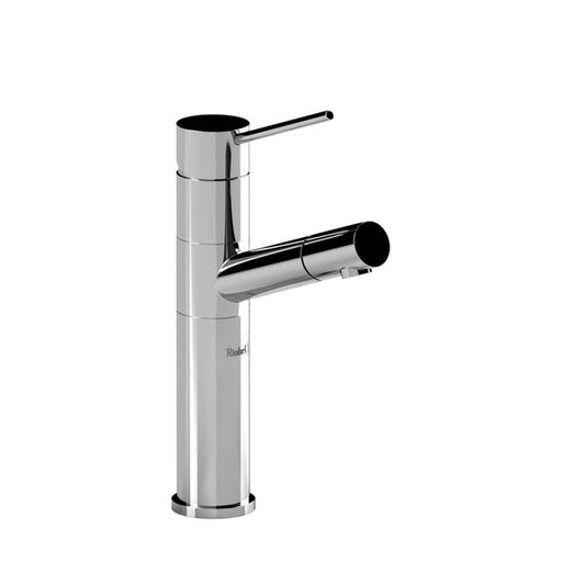 Chrome cylindrical bathroom faucet with a single lever handle