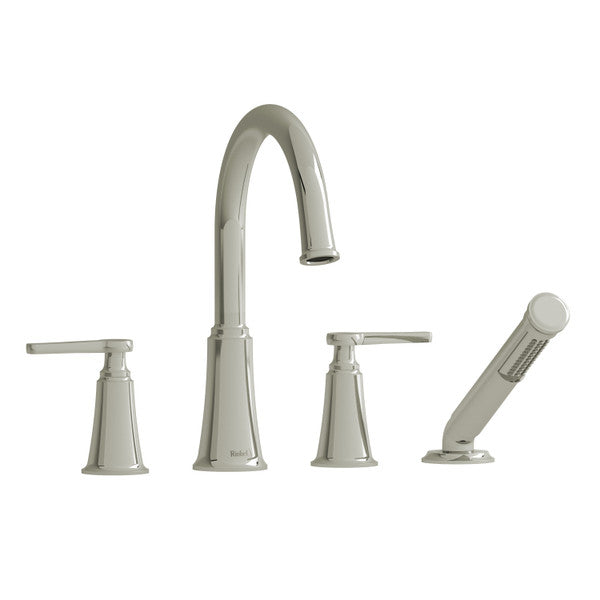 A modern kitchen faucet set with a high arc spout and separate handles.