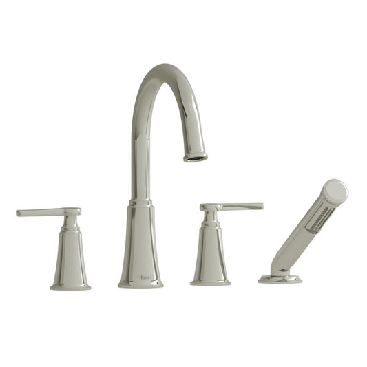 A modern kitchen faucet set with a high arc spout and separate handles.