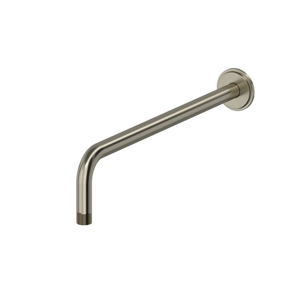 A sleek, curved wall-mounted faucet spout in a metallic finish.