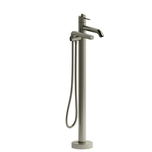 Modern freestanding bathtub faucet with hand shower.