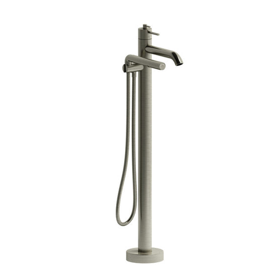 Modern freestanding bathtub faucet with hand shower.
