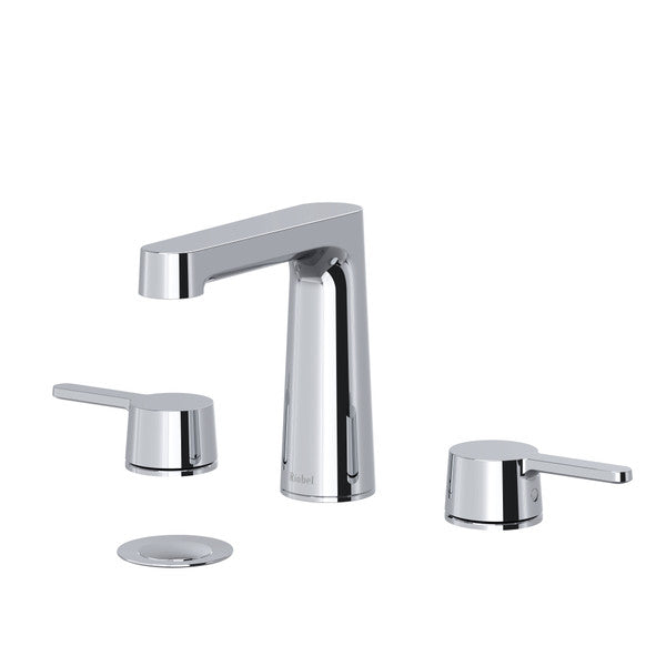 Modern chrome faucet with two handles and a pop-up drain.