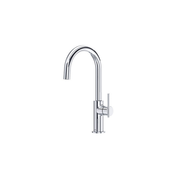 Chrome kitchen faucet with a curved spout