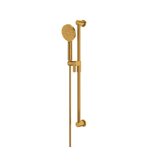 Gold showerhead mounted on a wall bracket with an adjustable slide bar