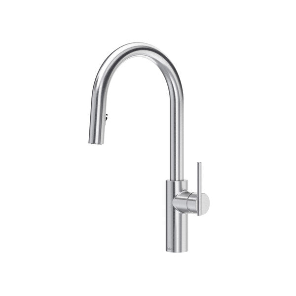 Modern chrome kitchen faucet with a curved spout