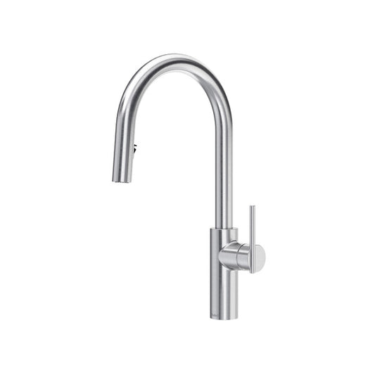 Modern chrome kitchen faucet with a curved spout