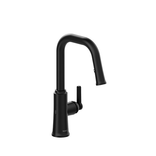 Modern black kitchen faucet with a sleek design