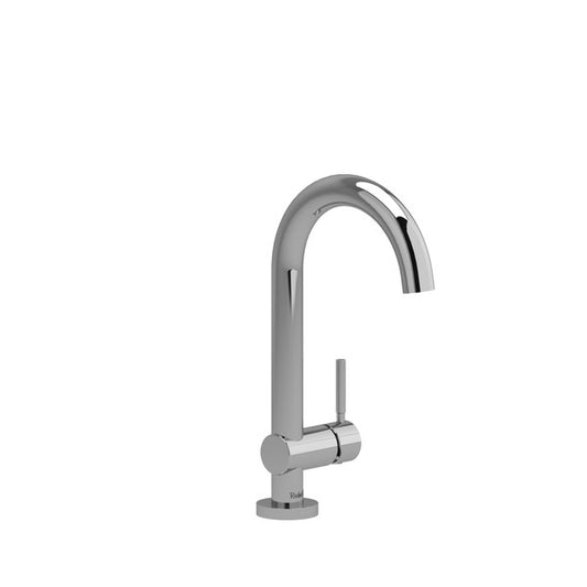 Modern chrome faucet with a curved spout and single lever.