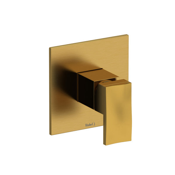 A modern gold wall-mounted faucet with a minimalist design.