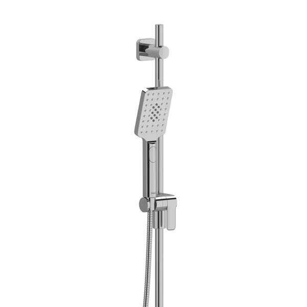 A modern shower head and holder mounted on a wall