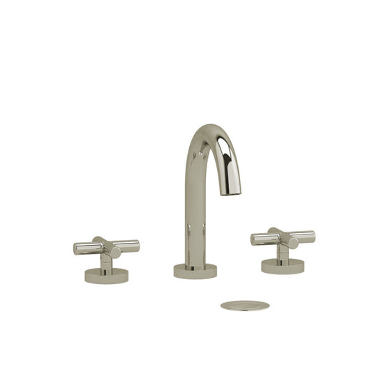 Modern bathroom faucet set with a curved spout and two cross handle controls.