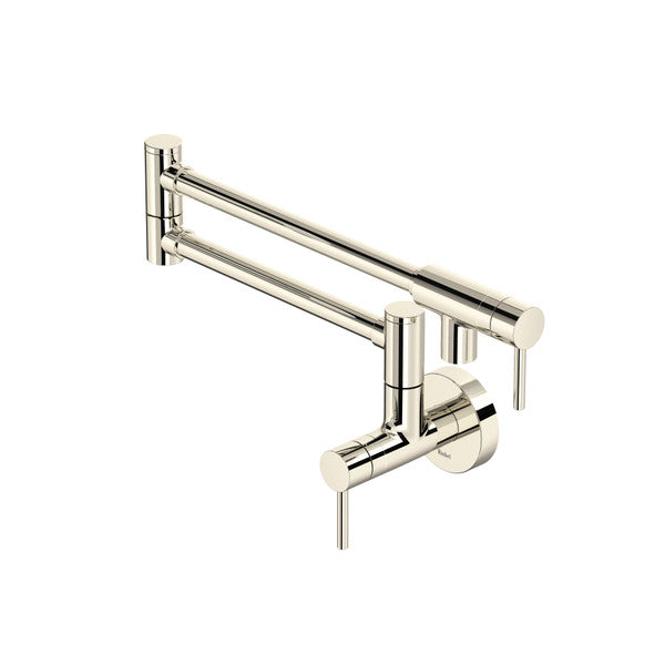 Wall-mounted extendable kitchen faucet with dual swing arms and round handles.
