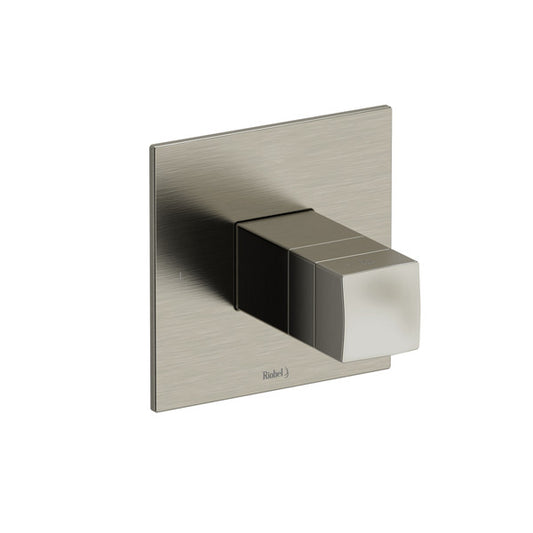Modern square wall-mounted faucet handle in brushed metal finish.