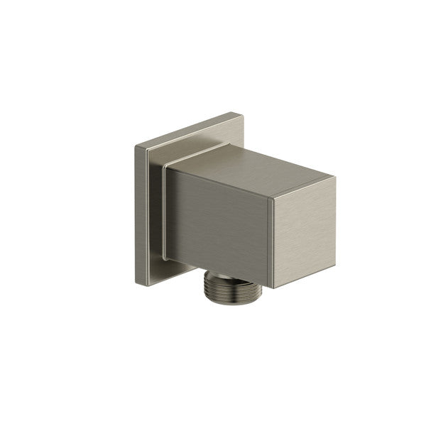 Square wall-mounted plumbing fixture in brushed nickel finish