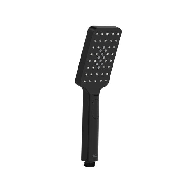 Black shower head with a rectangular design and multiple spray holes.