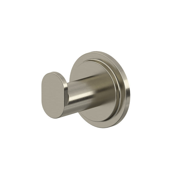 A simple metallic wall hook mounted on a circular base.