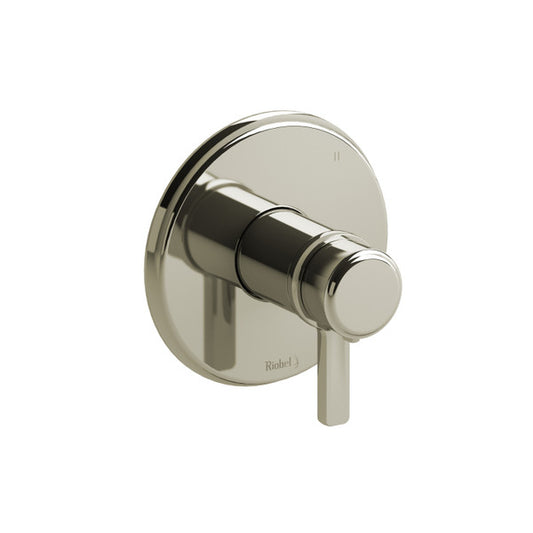 Modern round wall faucet handle in a polished finish.