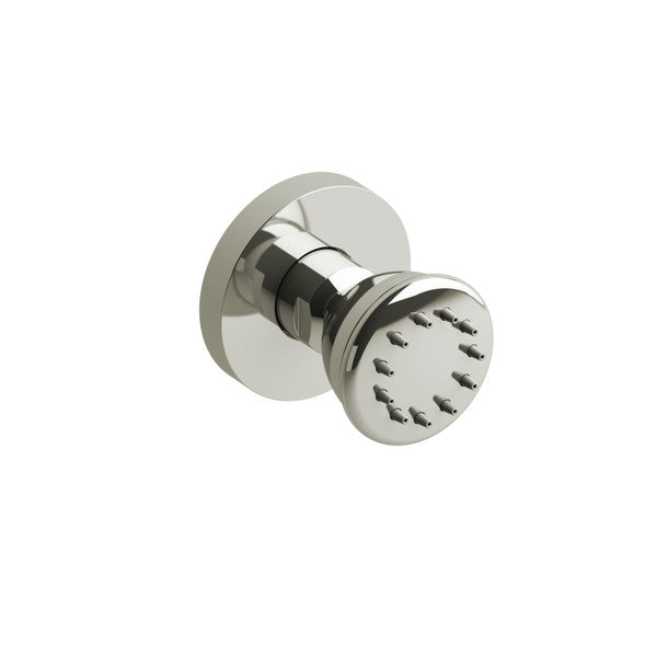 Close-up of a chrome showerhead nozzle.