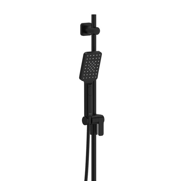 A modern black showerhead with an adjustable height on a wall-mounted slide bar.