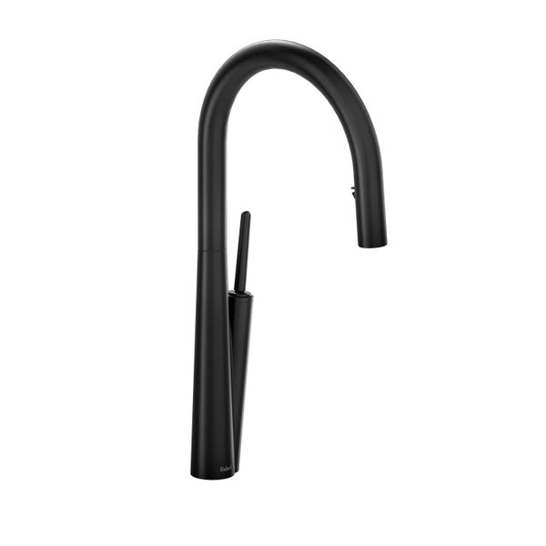 Black modern kitchen faucet with a curved spout and single handle