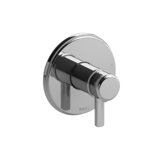 A chrome bathroom faucet handle with a sleek, modern design.