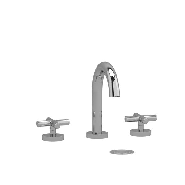 Chrome bathroom faucet with two handles and a matching drain cover.
