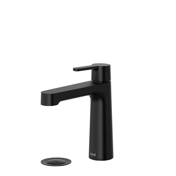 A modern black faucet with a minimalist design and a matching cover plate.