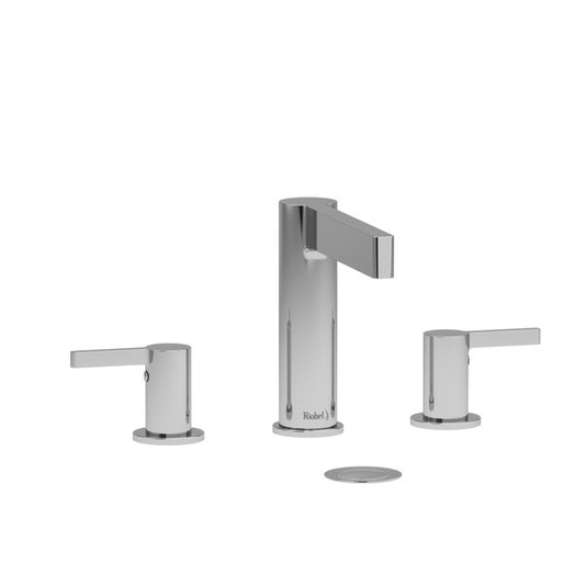 Modern chrome faucet set with two lever handles and a central body