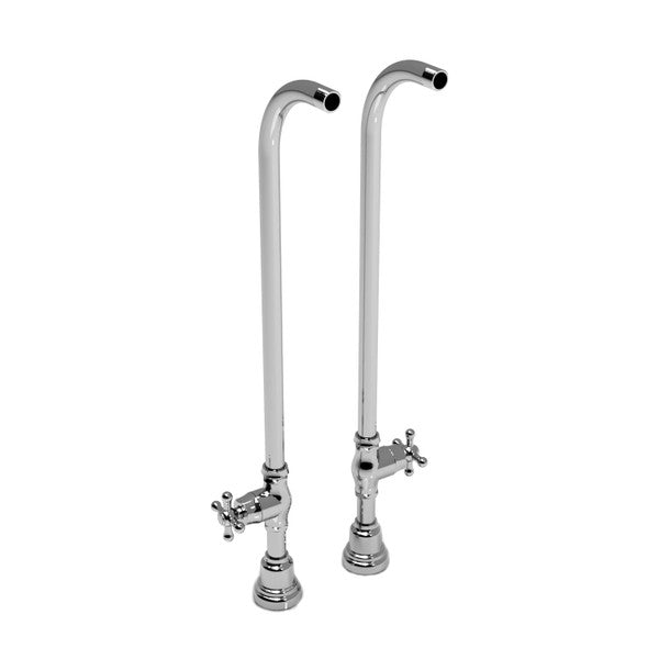 Two chrome-plated faucets with tall, curved spouts and cross-shaped handles.