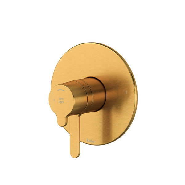 Modern gold bathroom faucet handle on a circular plate.