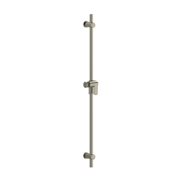 Stainless steel shower rail with adjustable height feature.