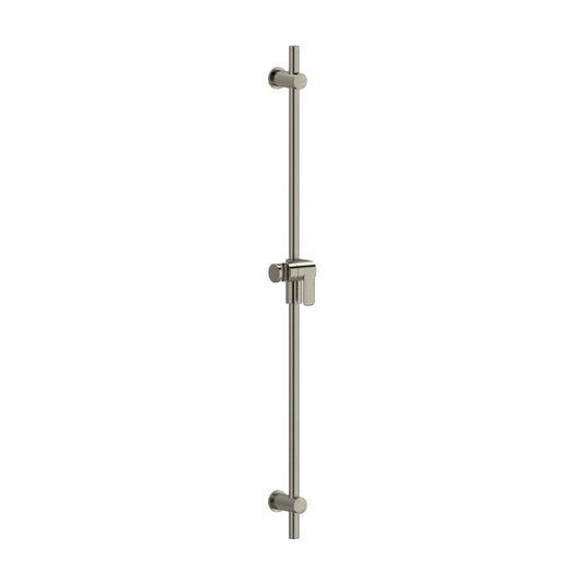 Stainless steel shower rail with adjustable height feature.