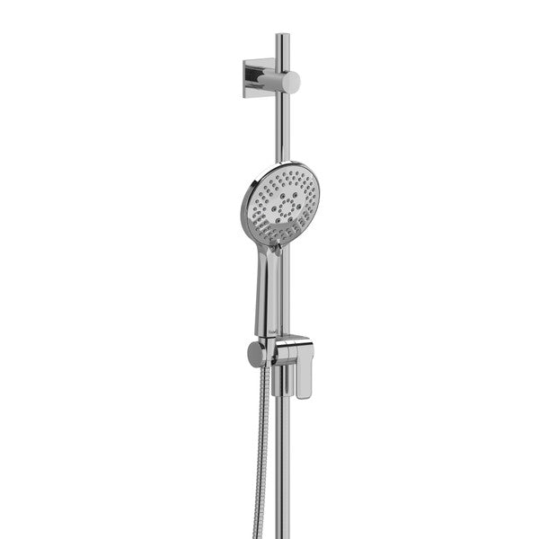 A modern chrome shower head with an adjustable height and handheld option.