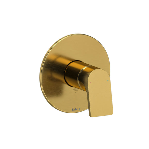 Modern gold faucet handle with a circular base and minimal design.
