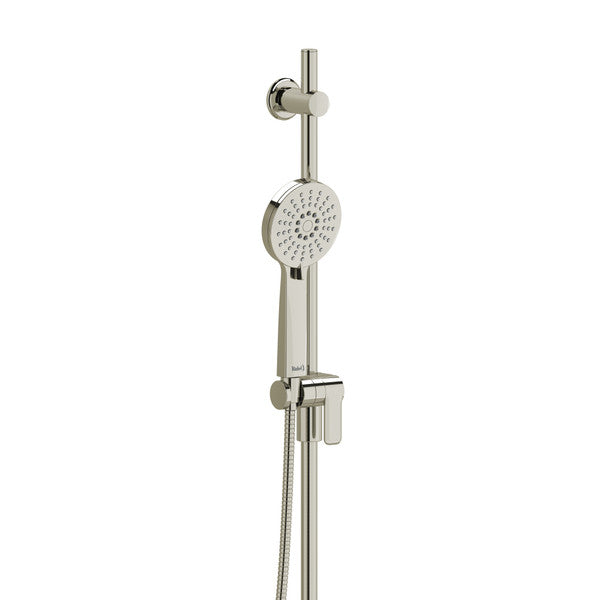 A modern shower head with a handheld attachment and adjustable height on a sleek pole.