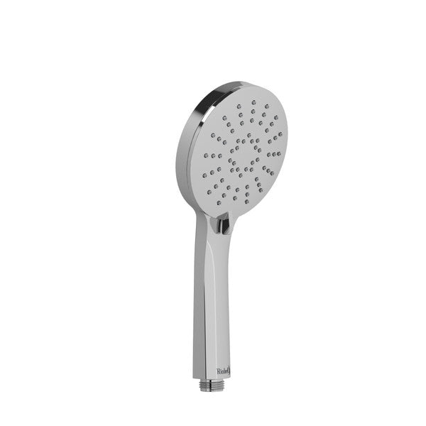 A sleek, modern chrome showerhead with a circular design and multiple water spray holes.