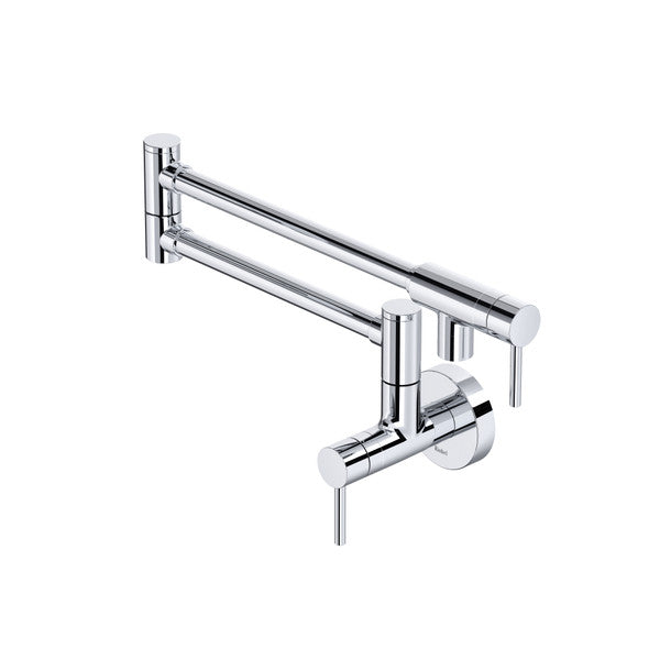 Wall-mounted modern chrome faucet with dual handles and swivel spout