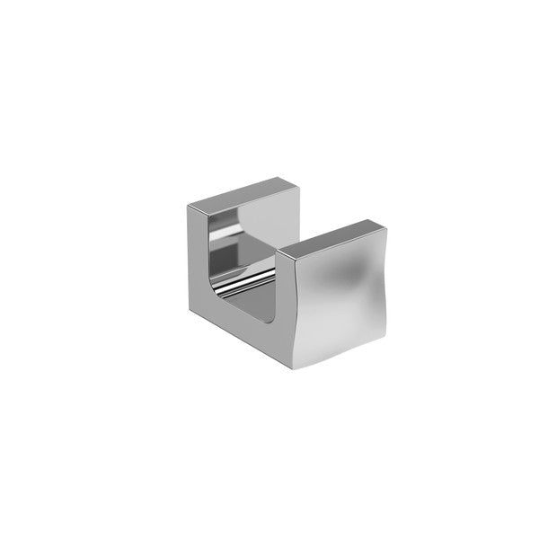 A shiny, chrome finished wall hook or bracket.
