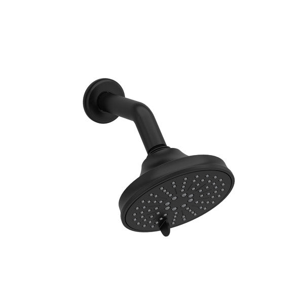 Black showerhead with a round design and multiple water spray holes.
