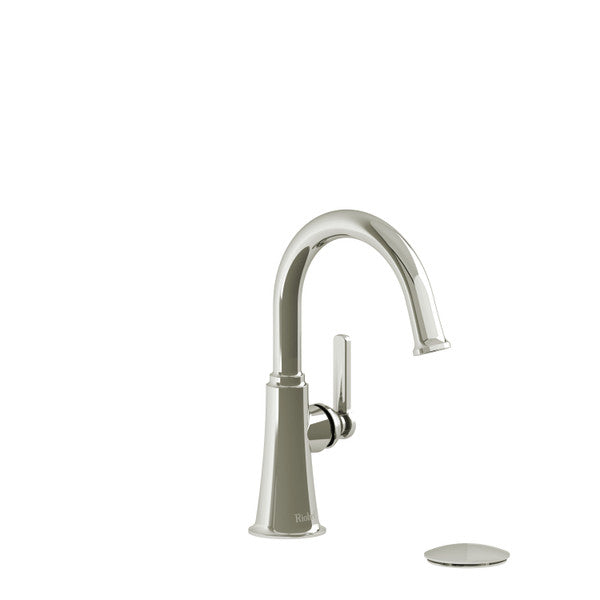 A sleek, modern kitchen faucet in chrome finish with a curved spout.