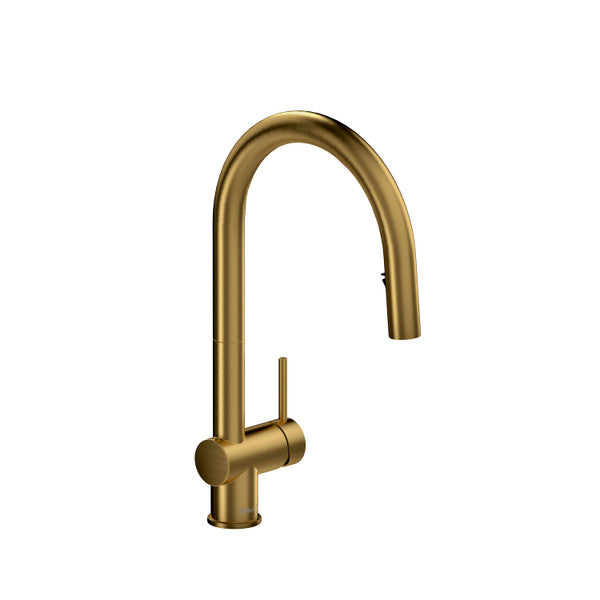 Gold kitchen faucet with a curved spout