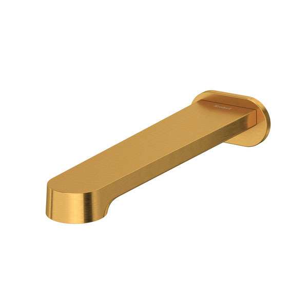 Modern gold faucet spout with a sleek design.