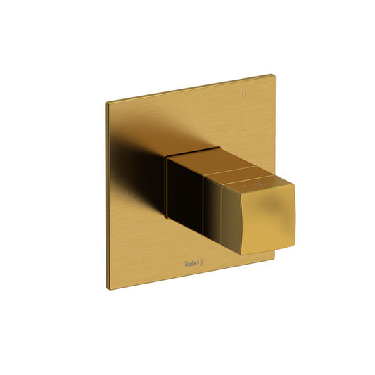 Modern gold wall-mounted faucet with a square plate.