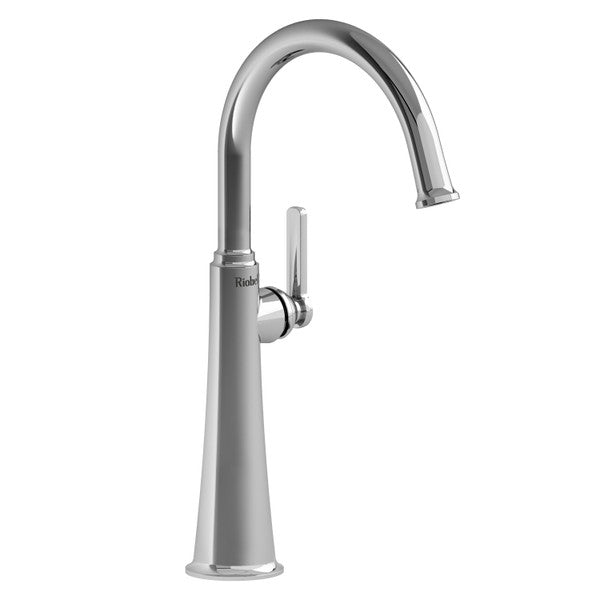 Modern chrome kitchen faucet with a tall, curved spout and single handle.