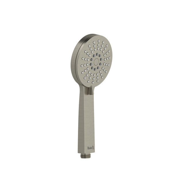 A modern showerhead with a round spray face and a sleek handle.