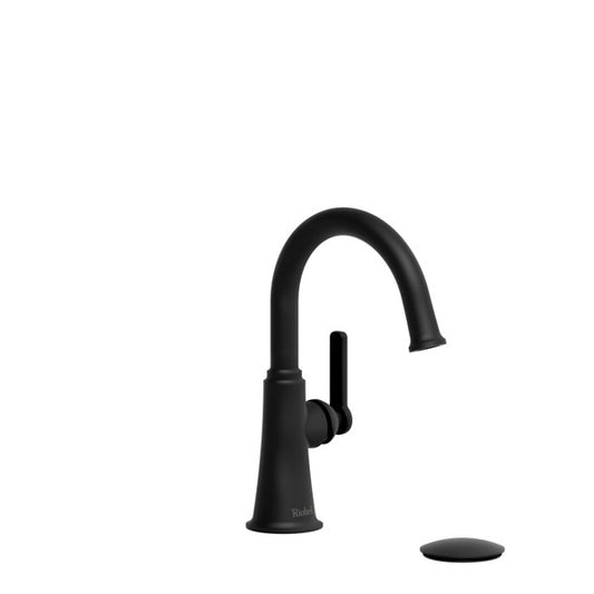 A modern black kitchen faucet with a curved spout and single lever handle.