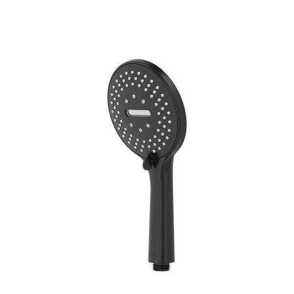 Black handheld showerhead with a round face and multiple water holes.