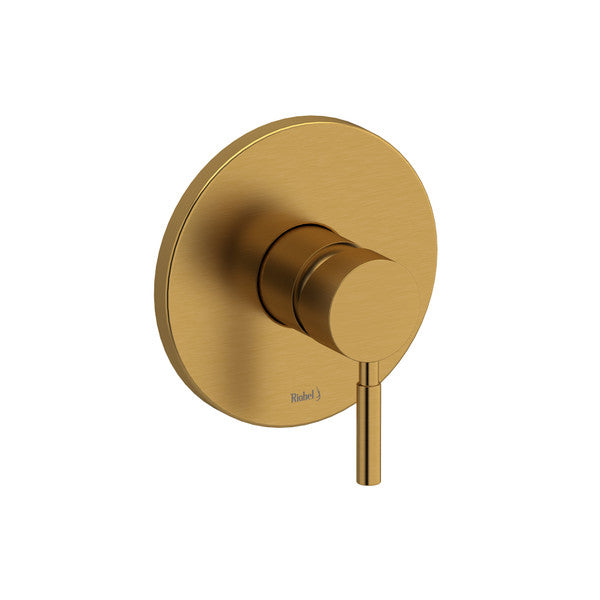 A modern brass wall-mounted faucet handle with a circular base.